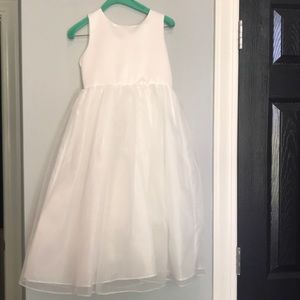 Ivory, tea-length flower girl dress with 2 belts